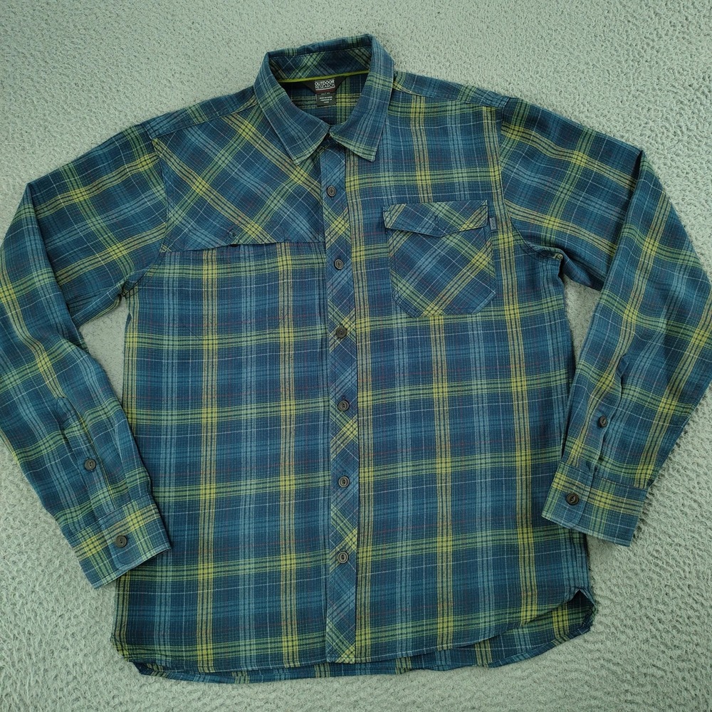 Outdoor Research Tangent Shirt Mens Medium Blue Plaid Button Up Long Sleeve